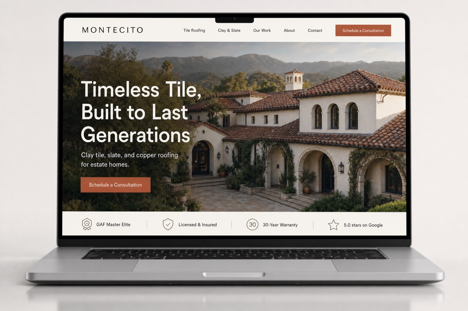 Premium light roofing website mockup for a fictional brand named Montecito, with a terracotta accent and a Mediterranean estate with a clay tile roof